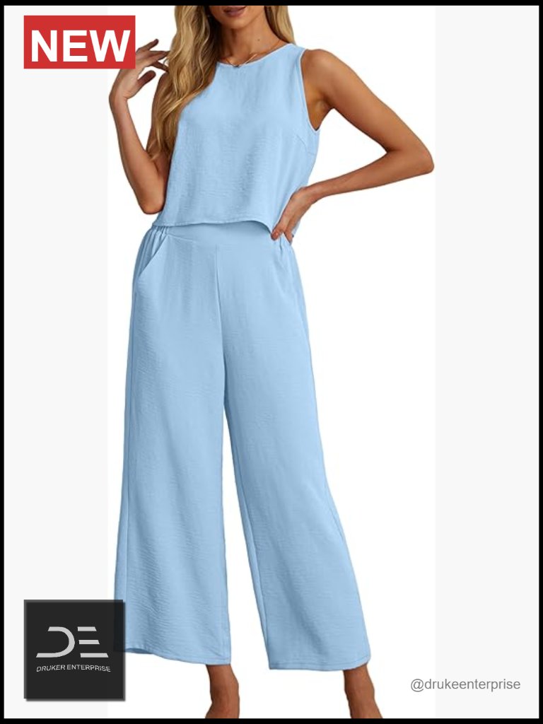 Women's 2 Piece Outfit Set Sleeveless Crop Top Wide Leg Pants Jumpsuit Summer